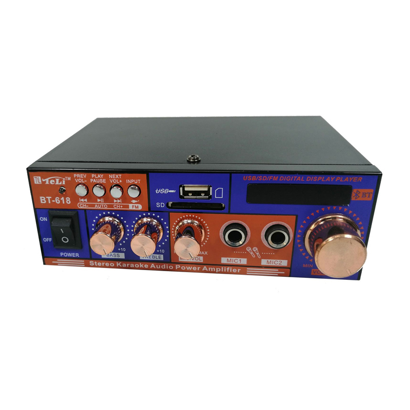 Amplificator digital tip statie BT-618, 2 x 20 W, Bluetooth, intrari USB, SD card, microfon, telecomanda