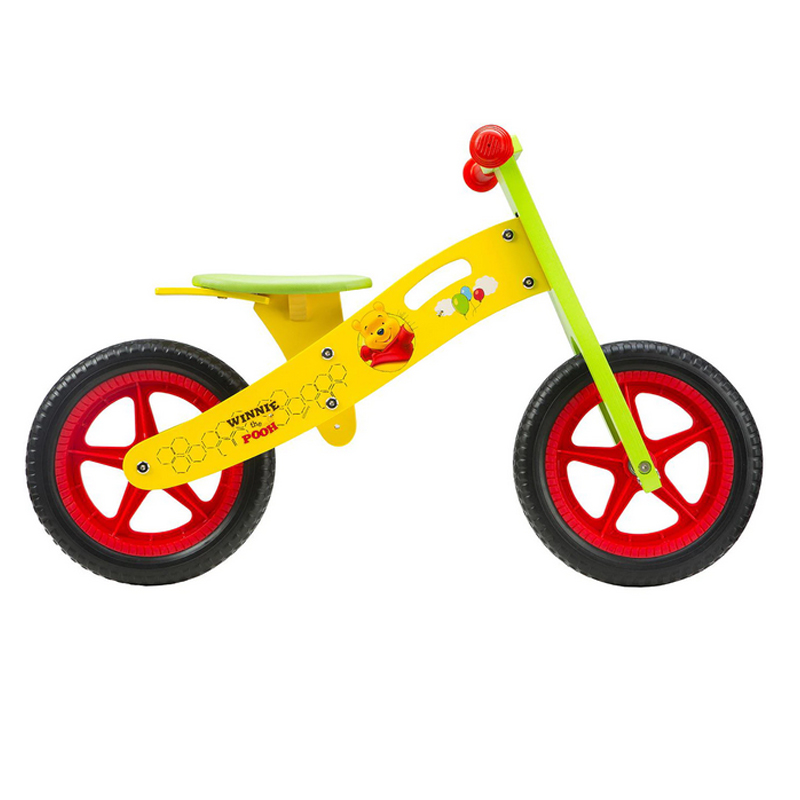 Bicicleta fara pedale Pegas Seven, 12 inch, 2-6 ani, furca fixa, cadru din lemn, jante spuma, model Winnie the Pooh