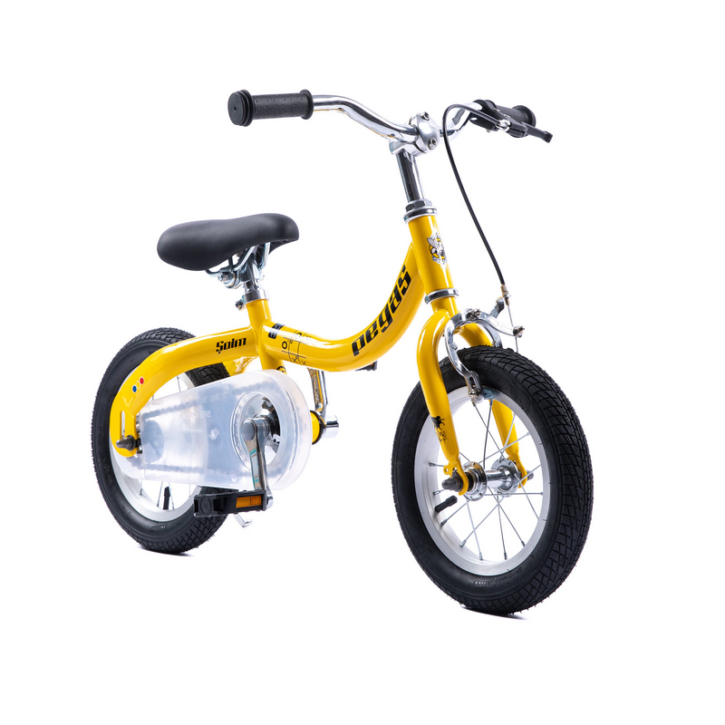 Bicicleta pentru copii Pegas Soim 2 in 1, 2-5 ani, 12 inch, furca fixa, cadru otel, jante aluminiu, pedale detasabile, Galben