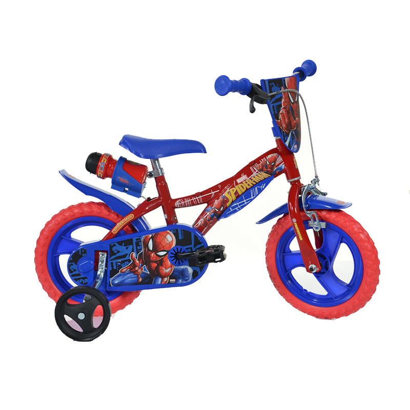 Bicicleta Dino Bikes, 12 inch, 87-110 cm, roti EVA, maxim 40 kg, 3 ani+, model Spiderman, Albastru/Rosu