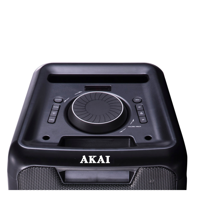 Boxa activa portabila DJ Akai, 100 W, Bluetooth 4.2, 2400 mAh, radio FM, lumini LED, acumulator, manere transport