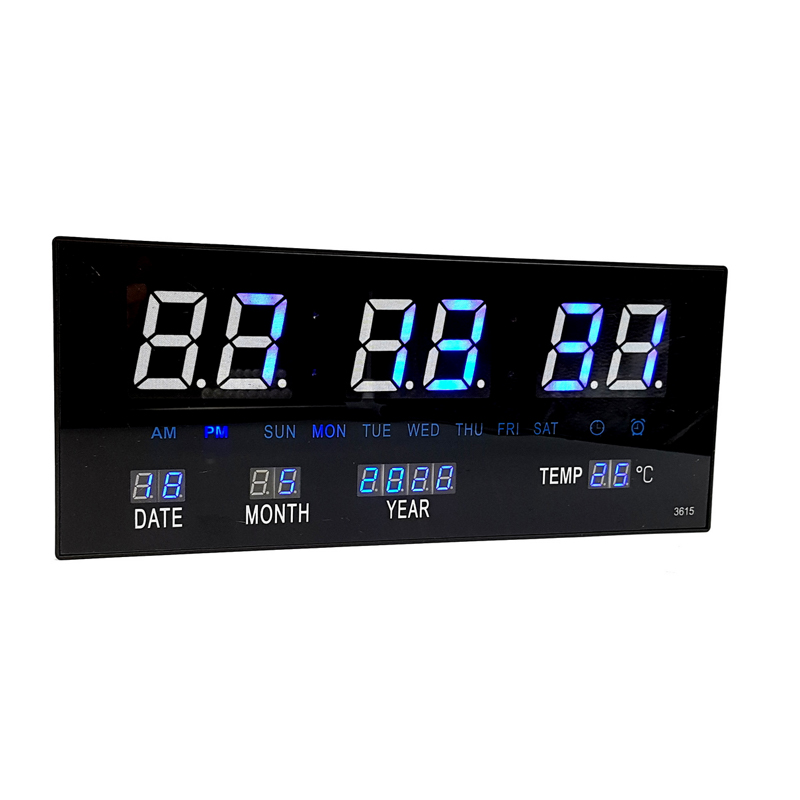 Ceas digital, 36 x 15 x 3 cm, LED-uri albastre, iluminare automata, afisaj temperatura, design modern, Negru General