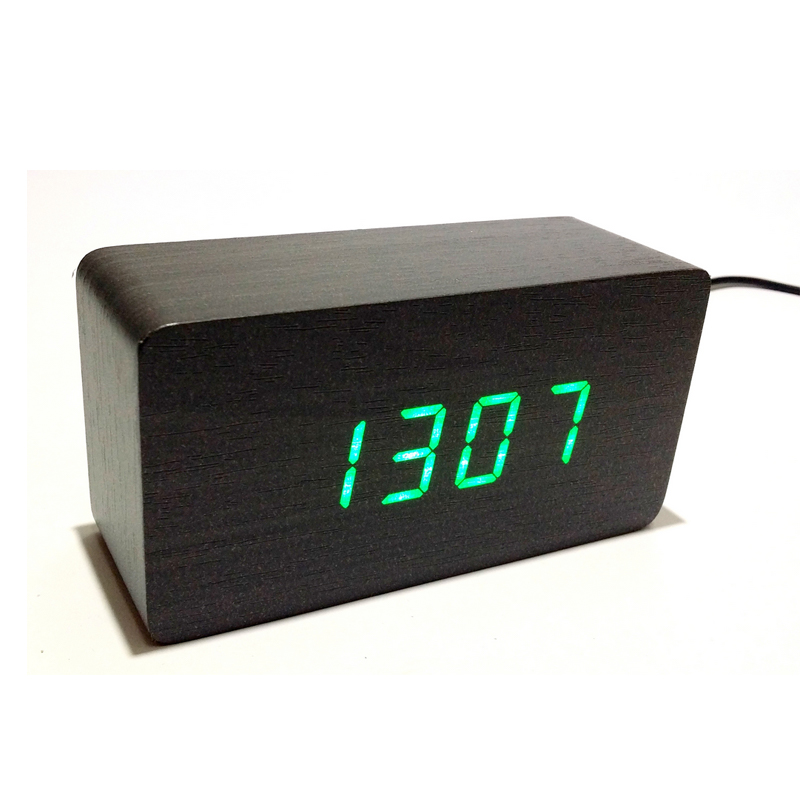 Ceas digital, LED verde, afisaj temperatura, data, 3 setari alarma, format 12/24 h, design lemn, Negru General