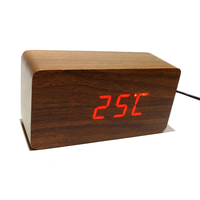 Ceas digital, afisaj temperatura, data, 3 setari alarma, format 12/24 h, design lemn, Maro 12/24