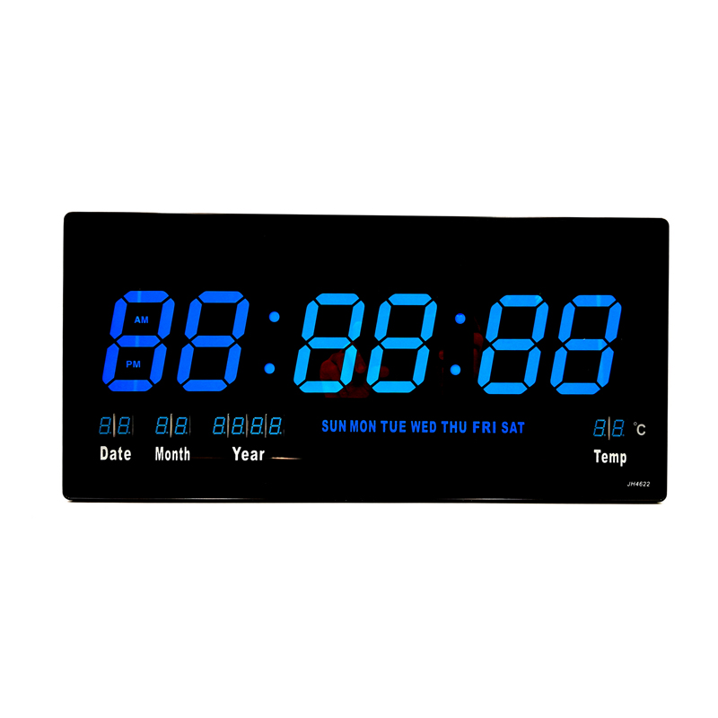 Ceas digital, 46 x 21.5 x 3 cm, LED-uri albastre, time memory, data, temperatura, 4 butoane, sticla, plastic, Negru