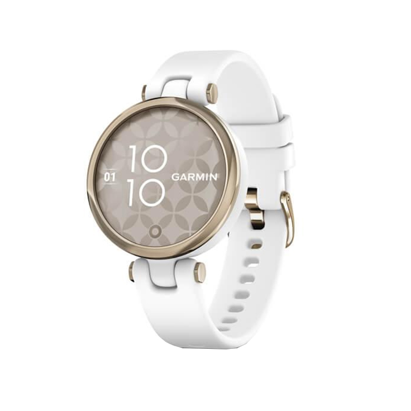 Ceas smartwatch Lily Garmin, 34.5 x 34.5 x 10.5 mm, 240 x 201 px, afisaj LCD, 5 ATM, cadru aluminiu, bratara silicon, Crem/Alb Garmin