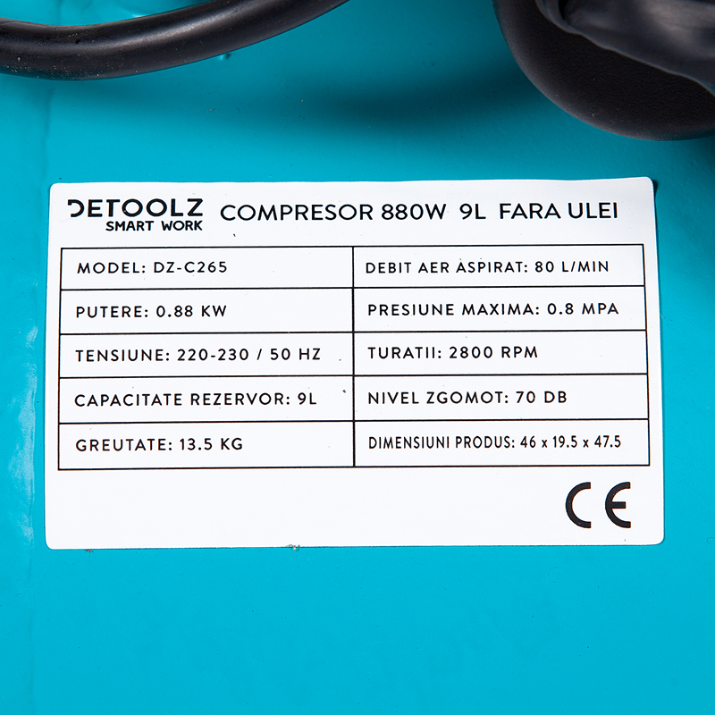 Compresor fara ulei Detoolz, 880 W, 9 l, Albastru
