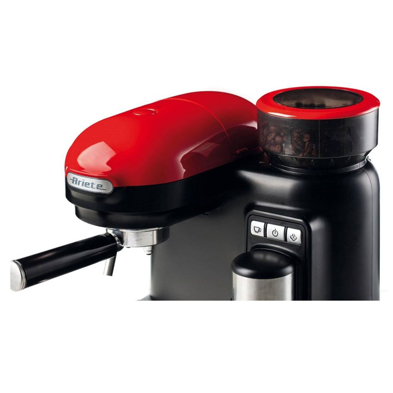 Espressor manual Ariete Moderna, 1080 W, 15 bar, 0.8 l, rasnita incorporata, sistem cappuccino, Rosu/Negru