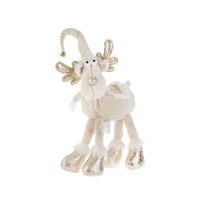 Ren Decorativ de Craciun Alb Ecru cu Fular Impletit si Caciula Aurie Ren Decorativ de Craciun Alb Ecru cu Fular Impletit si Caciula Aurie