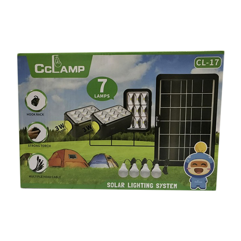 Kit solar CCLAMP CL-17, 6 W, acumulator 7800 mAh, 3 proiectoare, 4 becuri, functie lanterna, panou solar inclus