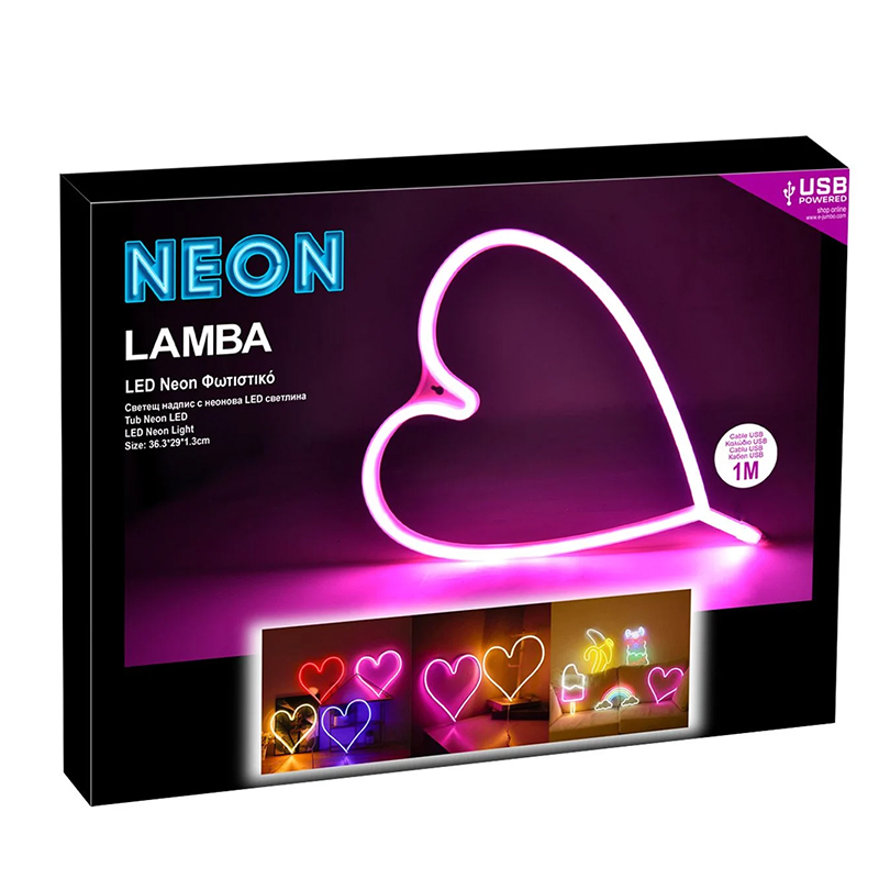 Lampa LED Neon, USB, 36.3 x 29 cm, lumina fuchsia, forma inima