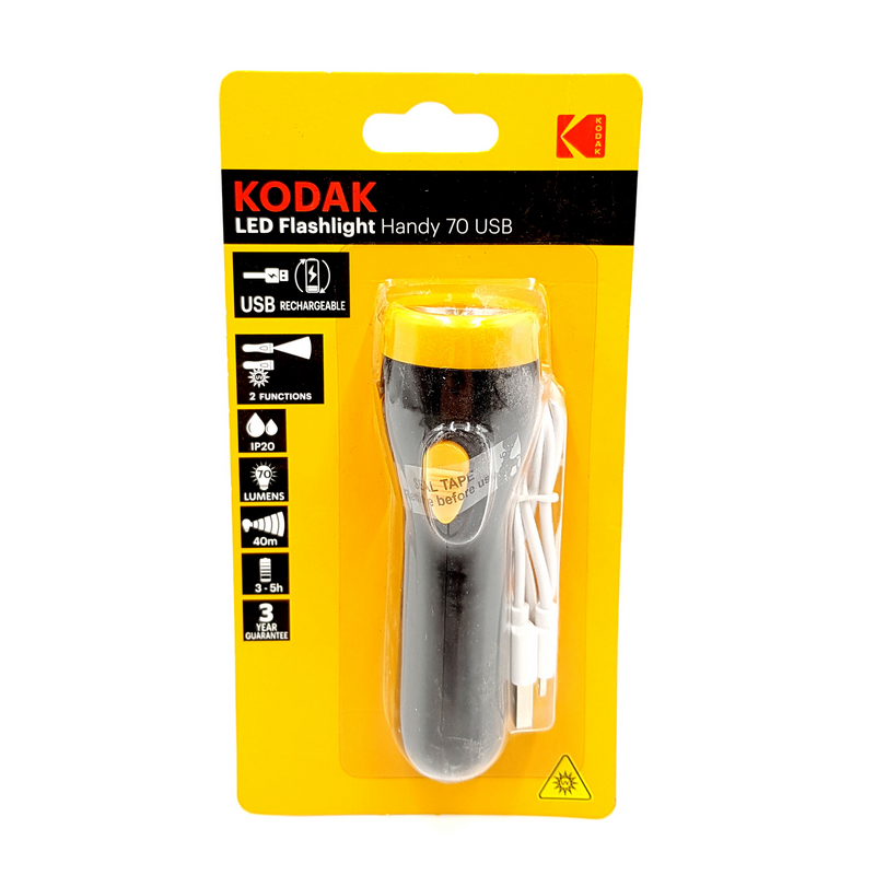 Lanterna Kodak, LED, 70 lm, 40 m, 2 moduri de functionare, IP20, autonomie 3-5 de ore, incarcare USB, Galben/Negru Kodak