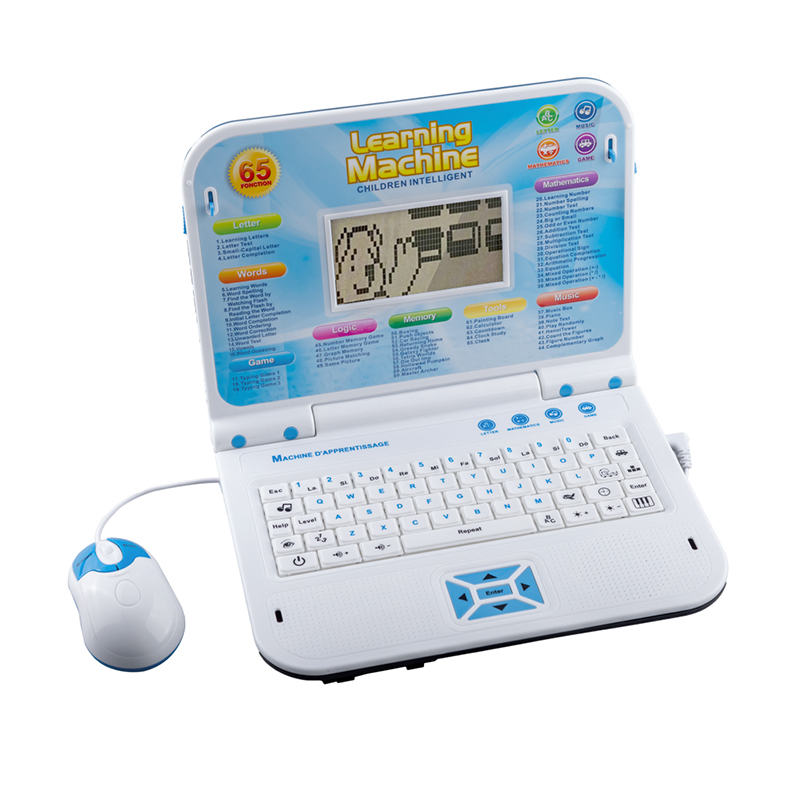 Laptop de jucarie Karemi, educational si interactiv pentru copii, ecran LCD, 65 functii, mouse, Albastru/Alb