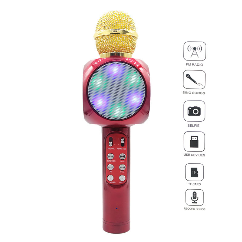 Microfon Karaoke Wster, 3 W x 4, 115 dB, 100 Hz – 10 kHz, Wireless, Bluetooth, functie selfie, Aux, Ant, USB, acumulator 1800 mAh, autonomie 8 ore, Rosu shopu.ro