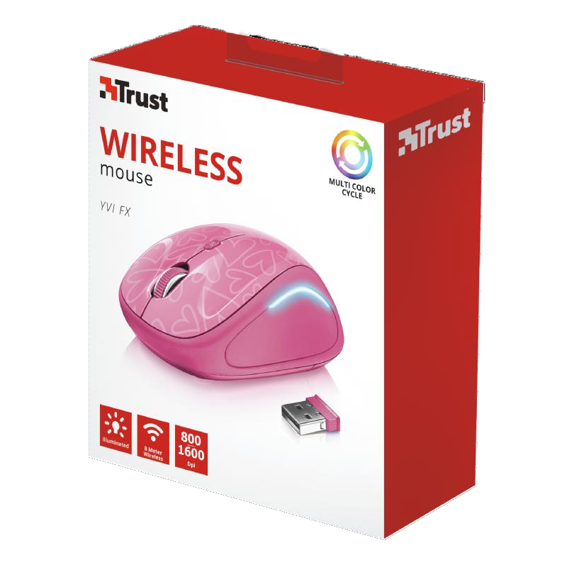 Mouse Trust Yvi FX, Wireless 2.4 Ghz, Receiver USB, 1600 DPi, 4 Butoane, Scroll, Senzor Optic, Iluminat, Pink