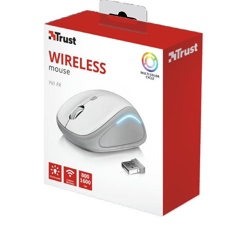 Mouse Trust Yvi FX, Wireless 2.4 Ghz, Receiver USB, 1600 DPi, 4 Butoane, Scroll, Senzor Optic, Iluminat, White