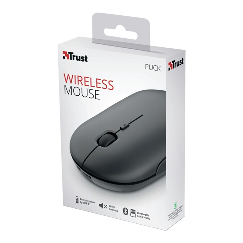 Mouse Puck Trust, 800-1600 dpi, 3 butoane, Wireless, Negru