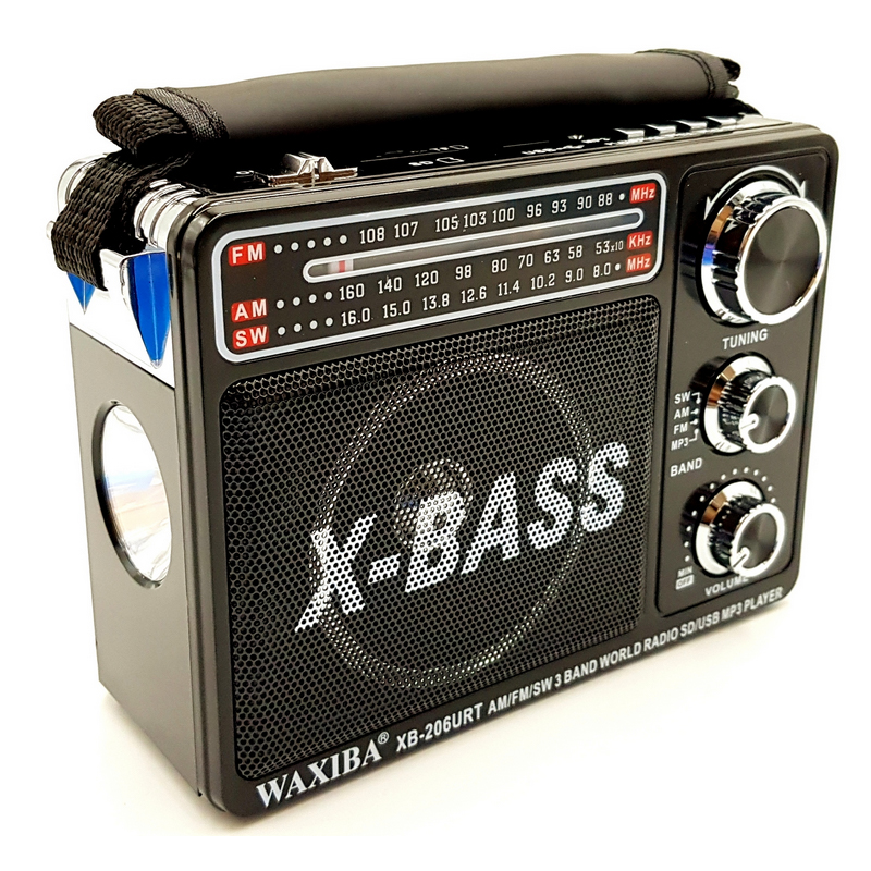 Radio X-bass, 3 benzi, difuzor, 230 V, acumulator reincarcabil, lanterna incorporata, antena, slot Card SD, USB, AUX, Negru shopu.ro