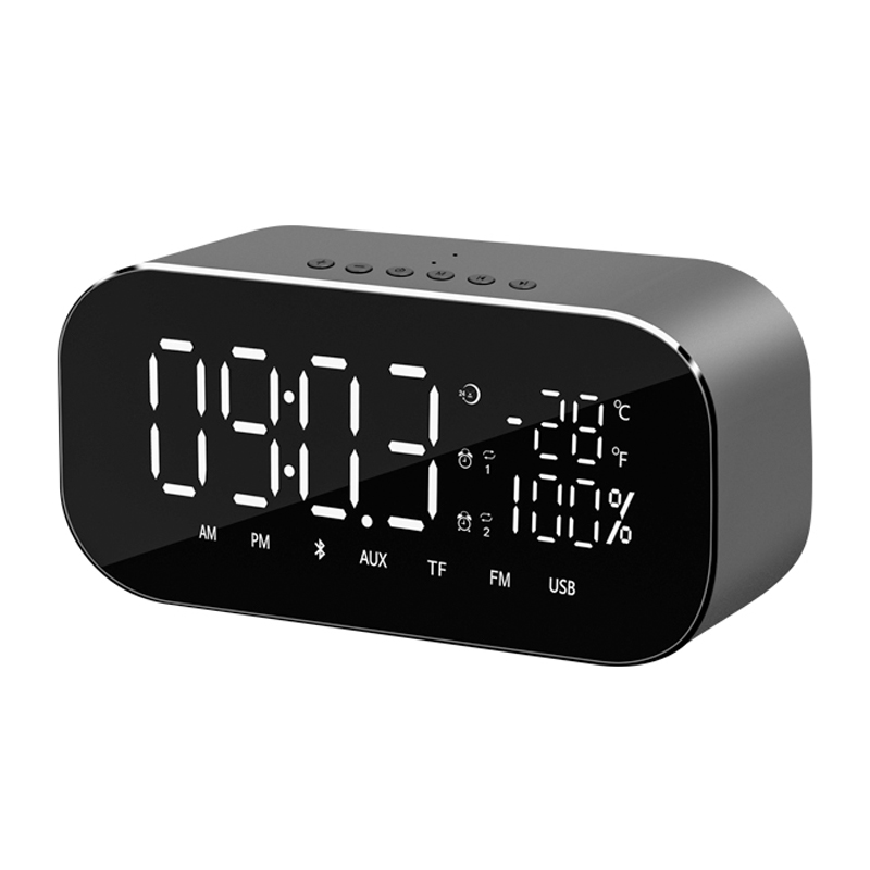 Radio cu ceas Akai, 2 x 3 W, radio FM, Bluetooth, 4.2, carcasa aluminiu, 1800 mAh, ecran tip oglinda, Negru Akai