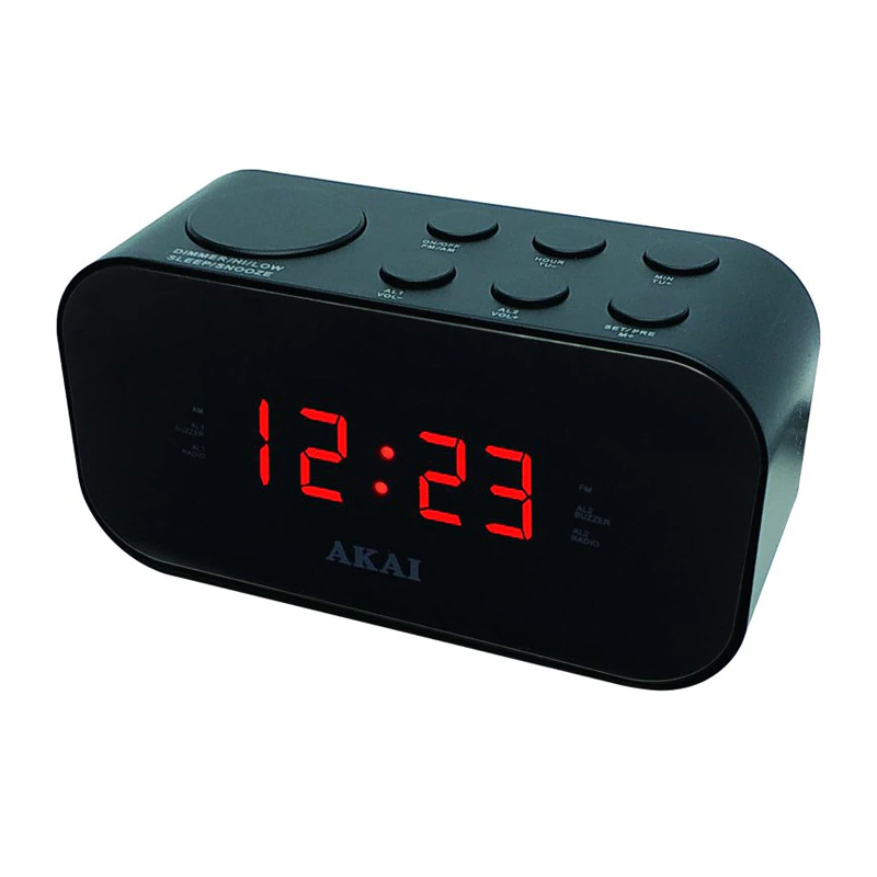Radio cu ceas Akai, functie sleep, LED rosu, radio FM/AM, alarma, Negru