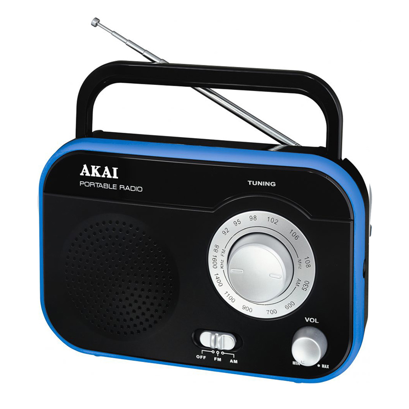 Radio portabil Akai, 1 W RMS, jack casti, adaptor inclus, antena FM, Negru