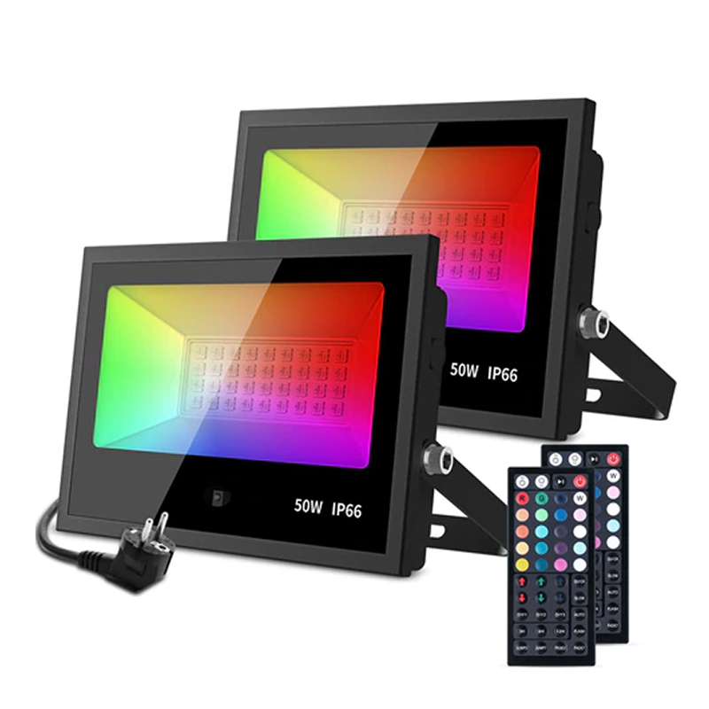Set 2 proiectoare de podea LED RGB MustWin, 50 W, IP66 waterproof, 20 culori RGB, timer, functie programare automata, telecomanda MustWin