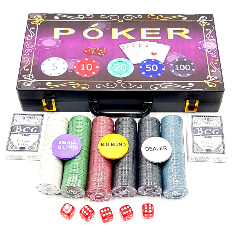 Set Poker, 300 chips, 2 pachete de carti, 5 zaruri, servieta plastic inclusa 