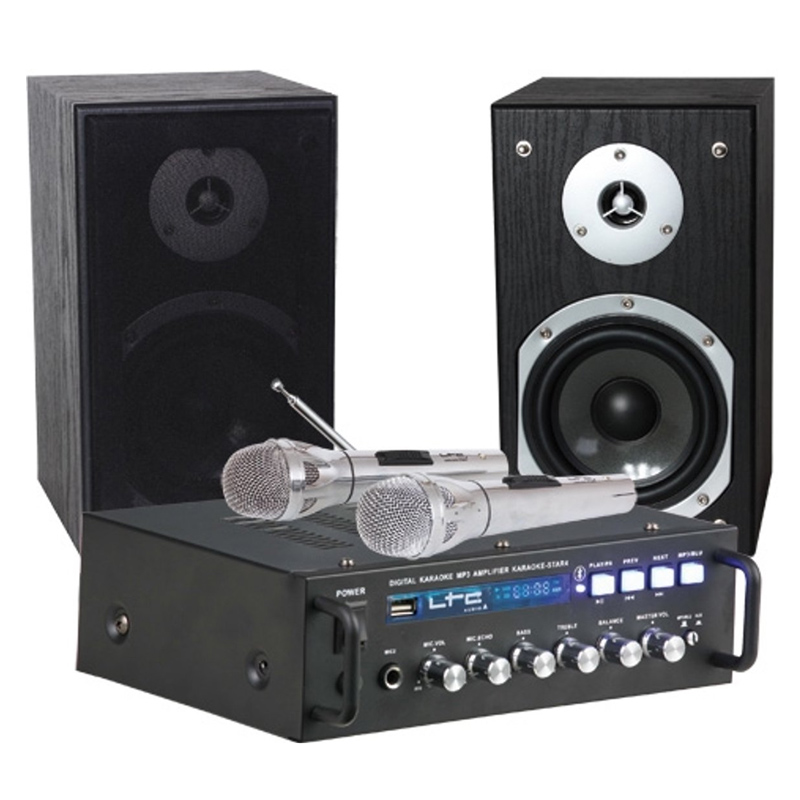 Set karaoke LTC, amplificator, 2 microfoane wireles, boxe 13 cm, negru