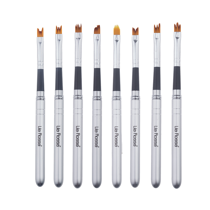 Set pensule pentru unghii Lila Rossa, 15.5 cm, fir sintetic, 8 bucati, maner cristal, Argintiu