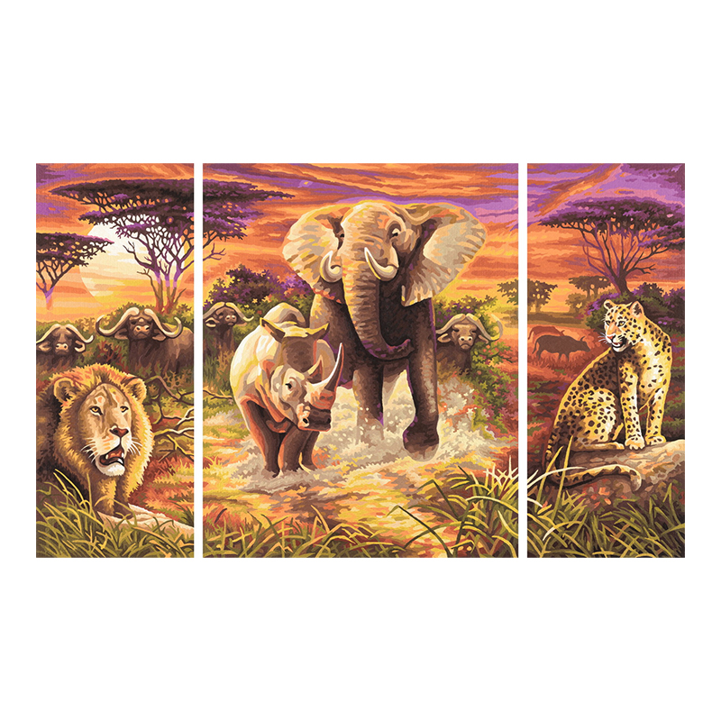 Set pictura pe numere Schipper Simba, 3 tablouri, 40 x 50 cm/20 x 50 cm, carton, textura panza, culori incluse, model 5 eroi ai Africii shopu.ro