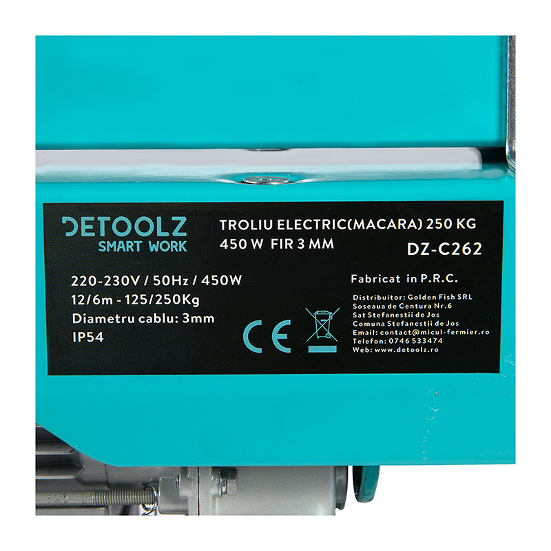 Troliu electric Detoolz, 450 W, fir 3 mm, otel, motor aluminiu, maxim 250 kg