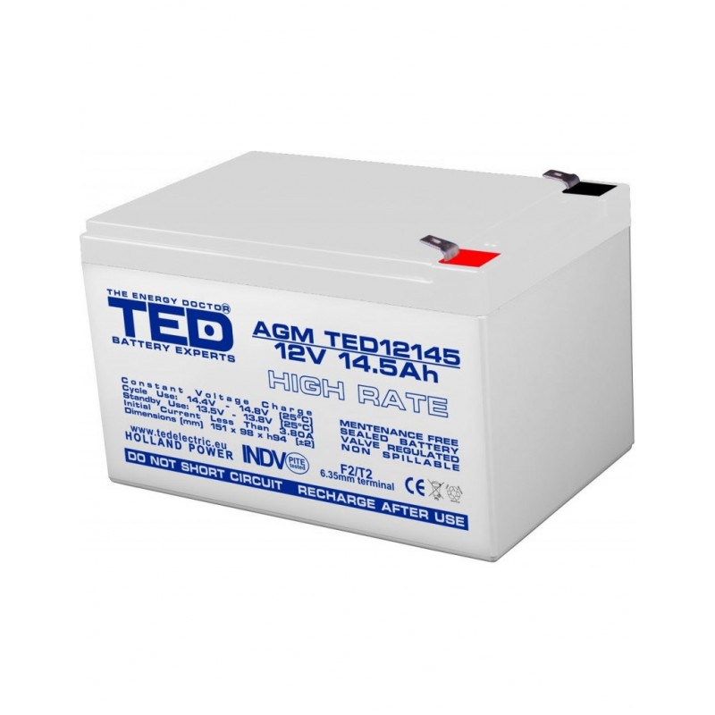 Acumulator TED AGM VRLA, 12V, 14.5A, 151 x 98 x 95 mm, Gama Premium