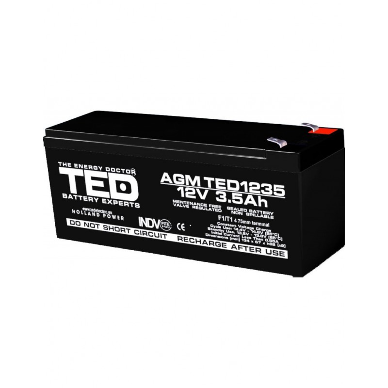 Acumulator TED AGM VRLA, 12V, 3.5A, 134 x 67 x 60 mm, exploatare pana la 5 ani