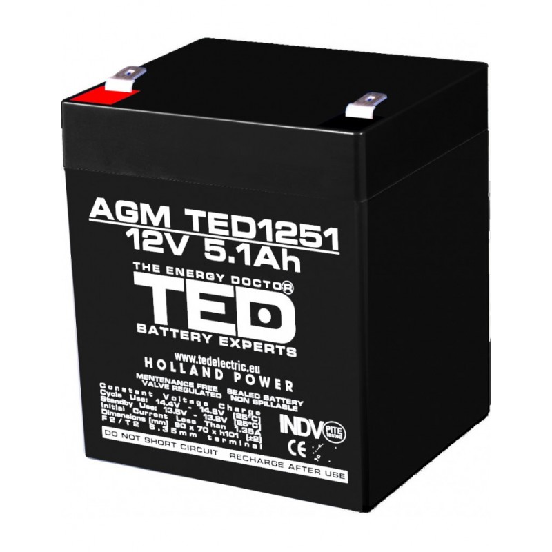 Acumulator TED AGM VRLA, 12V, 5.1A, 90 x 70 x 98 mm, exploatare pana la 5 ani