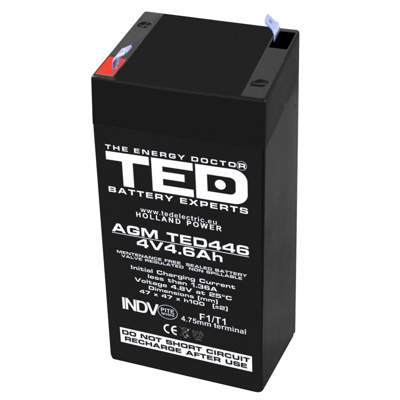 Acumulator TED AGM VRLA, 4V, 4.6A, 47 x 47 x 100 mm, exploatare pana la 5 ani