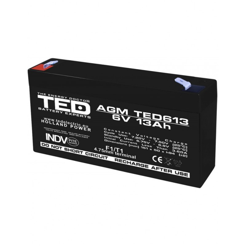 Acumulator TED AGM VRLA, 6V, 13A, 151 x 50 x 95 mm, durata de viata pana la 5 ani