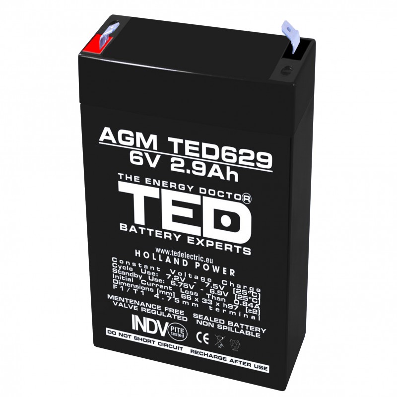 Acumulator TED AGM VRLA, 6V, 2.9A, 65 x 33 x 105 mm, durata de viata pana la 5 ani