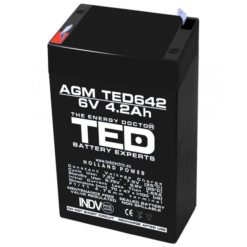 Acumulator TED AGM VRLA, 6V, 4.2A, 70 x 48 x 101 mm, exploatare pana la 5 ani