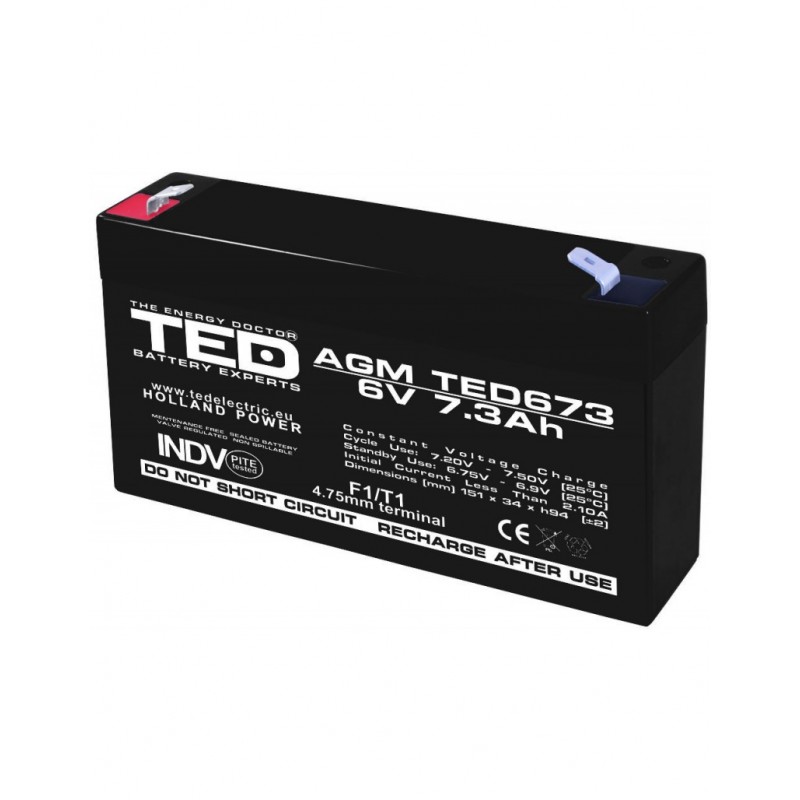 Acumulator TED AGM VRLA, 6V, 7.3A, 151 x 34 x 95 mm, exploatare pana la 5 ani
