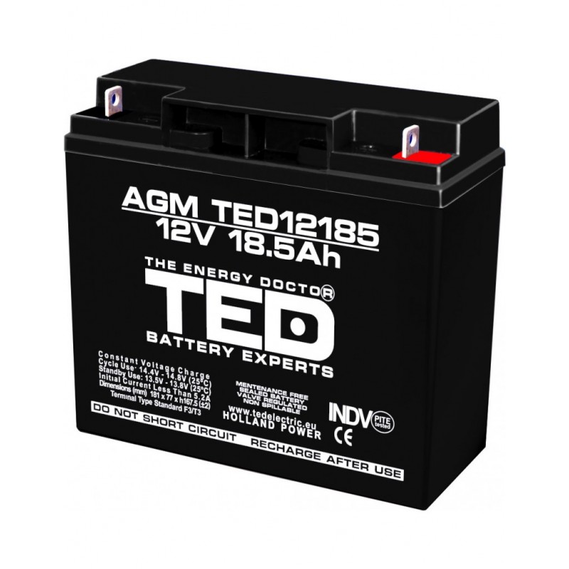Acumulator stationar AGM VRLA TED Electric, 12 V, 18.5 Ah, terminale F3/T3 shopu.ro