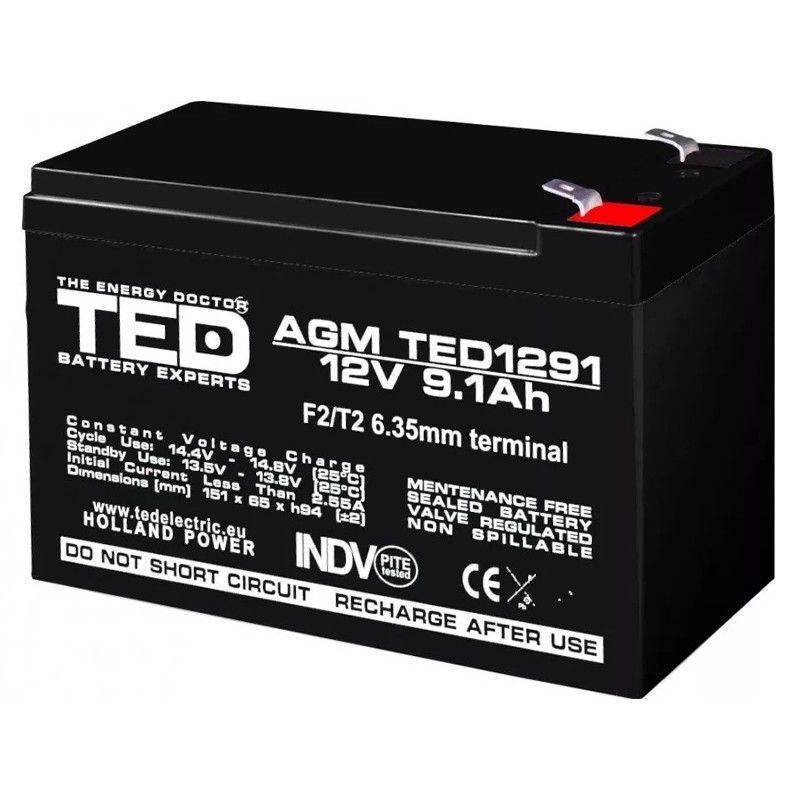 Acumulator VRLA Ted Electric, 12 V, 9.1 Ah, 151 x 65 x 95 mm shopu.ro