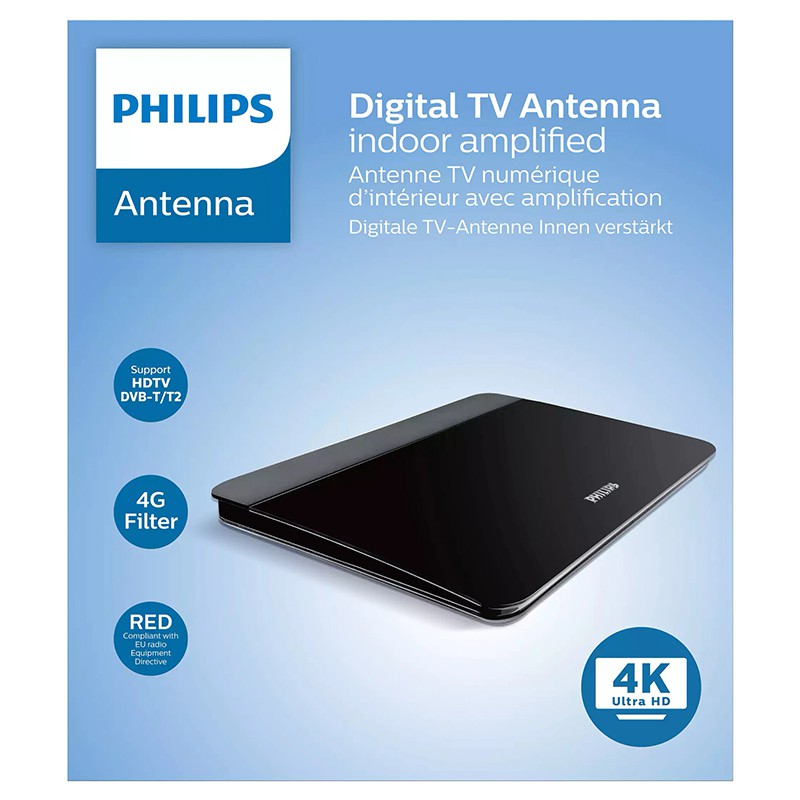 Antena TV Philips, 41 dB, 25 x 18 x 2.5 cm, 3 trepte, indicator LED