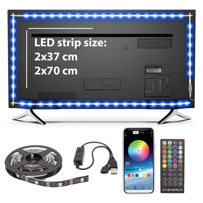 Banda LED smart SunShine, 7.2 W/m, 4 benzi, 2 x 37 cm, 2 x 70 cm, 30 x LED/m, iluminare ambientala TV, 32-42 inch, telecomanda inclusa