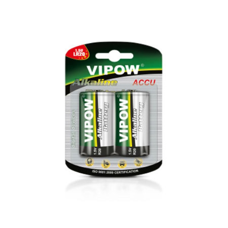 Baterie alcalina Vipow R20, 1.5V, 2 bucati