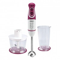 Blender de mana Heinner, 600 W, 5 viteze, vas 700 ml, functie turbo, mini-tocator, Alb/Visiniu Blender de mana Heinner, 600 W, 5 viteze, vas 700 ml, functie turbo, mini-tocator, Alb/Visiniu