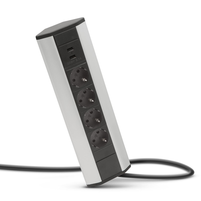 Bloc multipriza de colt Delight, 4 x 250 V, 16A, 3500 W, 2 x USB, cablu 1.5 m, Argintiu/Negru Delight imagine noua 2022