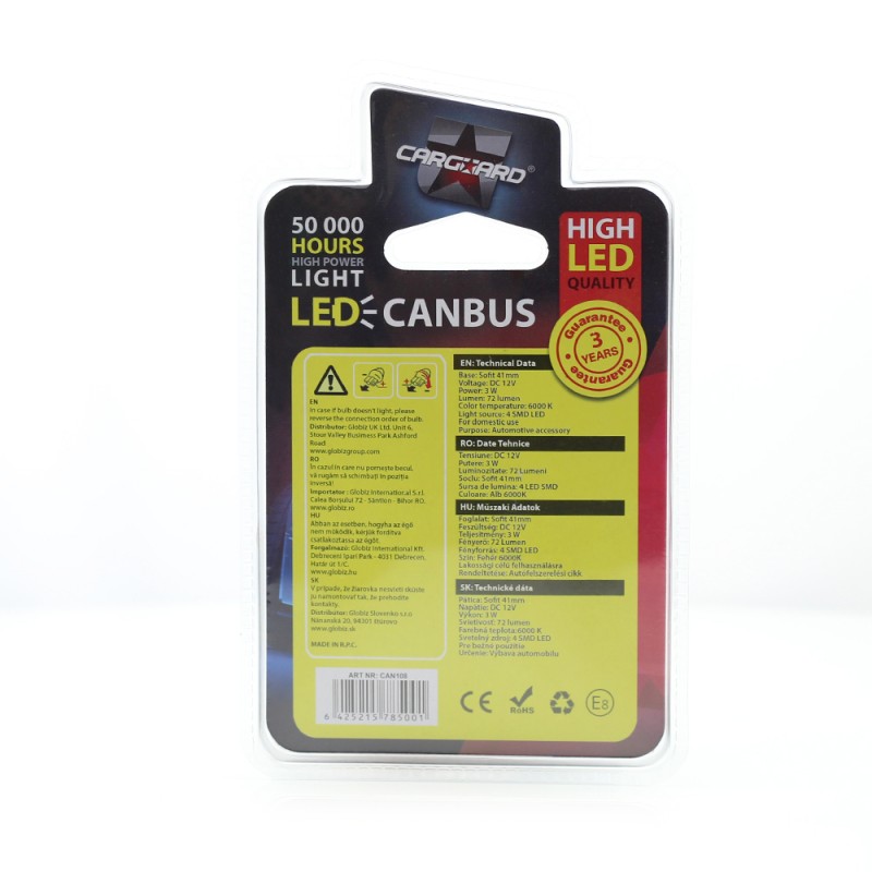 Set 2 becuri LED pentru plafoniera umar inmatriculare Carguard, 3 W, 12 V, 72 lm, tip SMD, 41 mm, Alb xenon