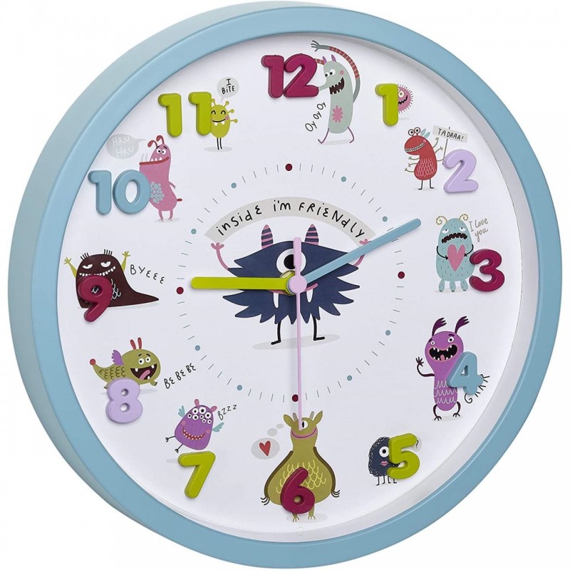 Ceas de perete pentru copii Little Monsters TFA, cifre 3D, 30.9 cm, plastic, capac sticla shopu.ro