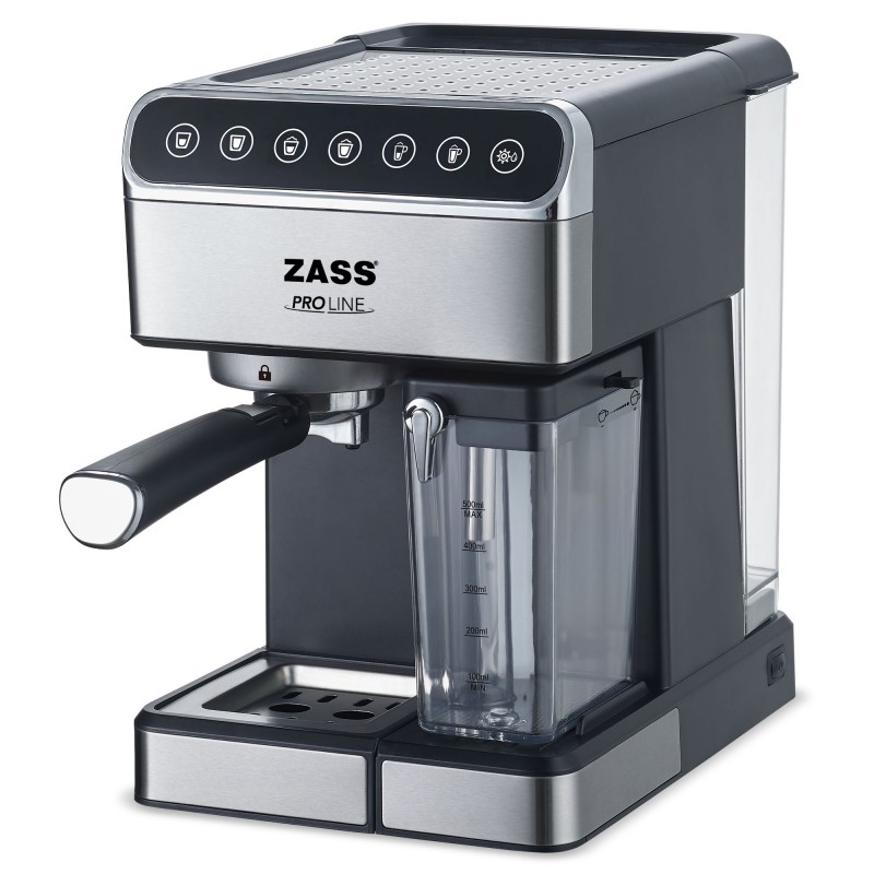Espressor de cafea Zass, 16 bari, 1350 W, rezervor 1.8 L, rezervor lapte 0.5 L, panou Touch, inox