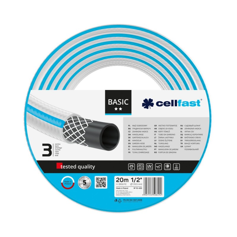 Poza Furtun pentru gradina Cellfast Basic, 3 straturi, 20 m, 25 bar, 1/2 inch, protectie UV, flexibil, Albastru